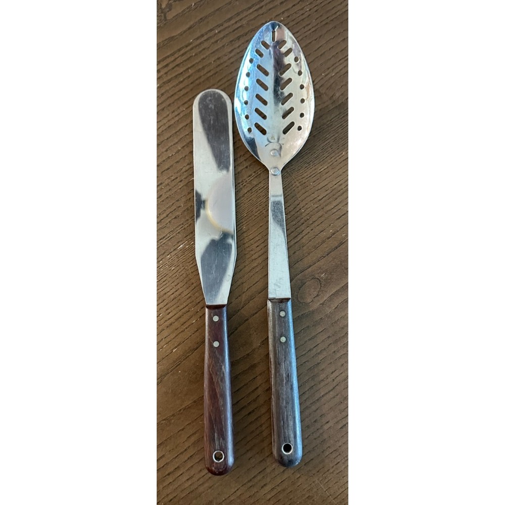 Vtg Spreader & Slotted Serving Spoon Stainless Steel Wood Handle Cooking Japan